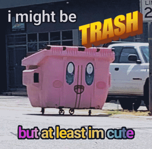 a kirby dumpster with the text “i might be trash but atleast i’m cute