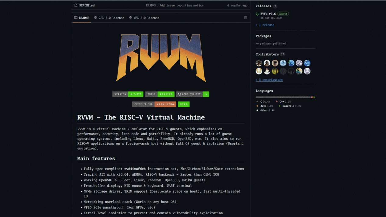screen shot of rvvm repo